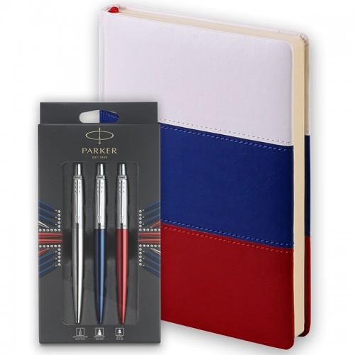 Набор Parker Jotter London Trio: гелевая ручка Red CT + шариковая ручка Blue CT + карандаш Stainless Steel CT и ежедневника триколор в Санкт-Петербурге